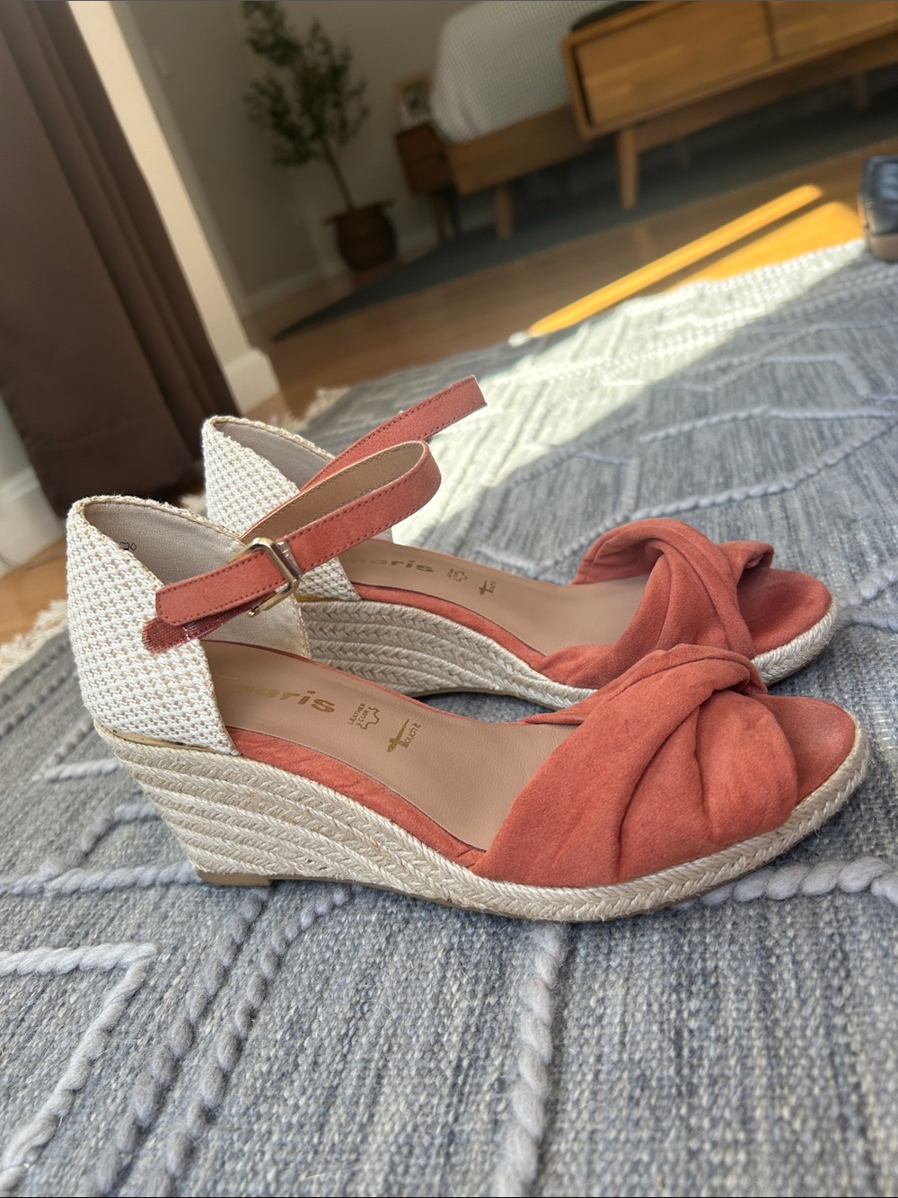 Tamaris Livian Wedge Sandals, Real Brick-Orange Suede & Jute Platform-Size 38